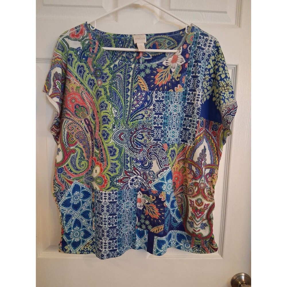 Chicos Vibrant Paisley Patchwork Short Sleeve Blouse Size 3 (XL)